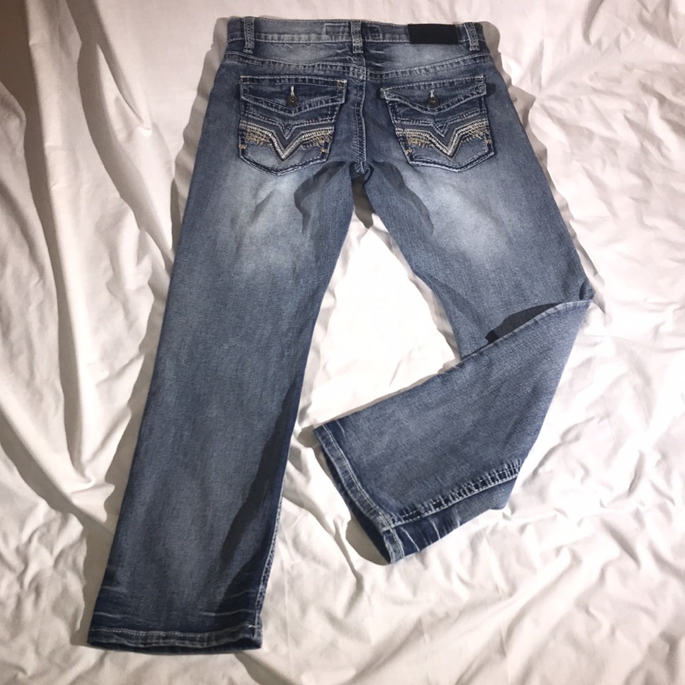 True Luck Mens Medium Wash Straight Leg White Stitch Embroidered Faded Jeans